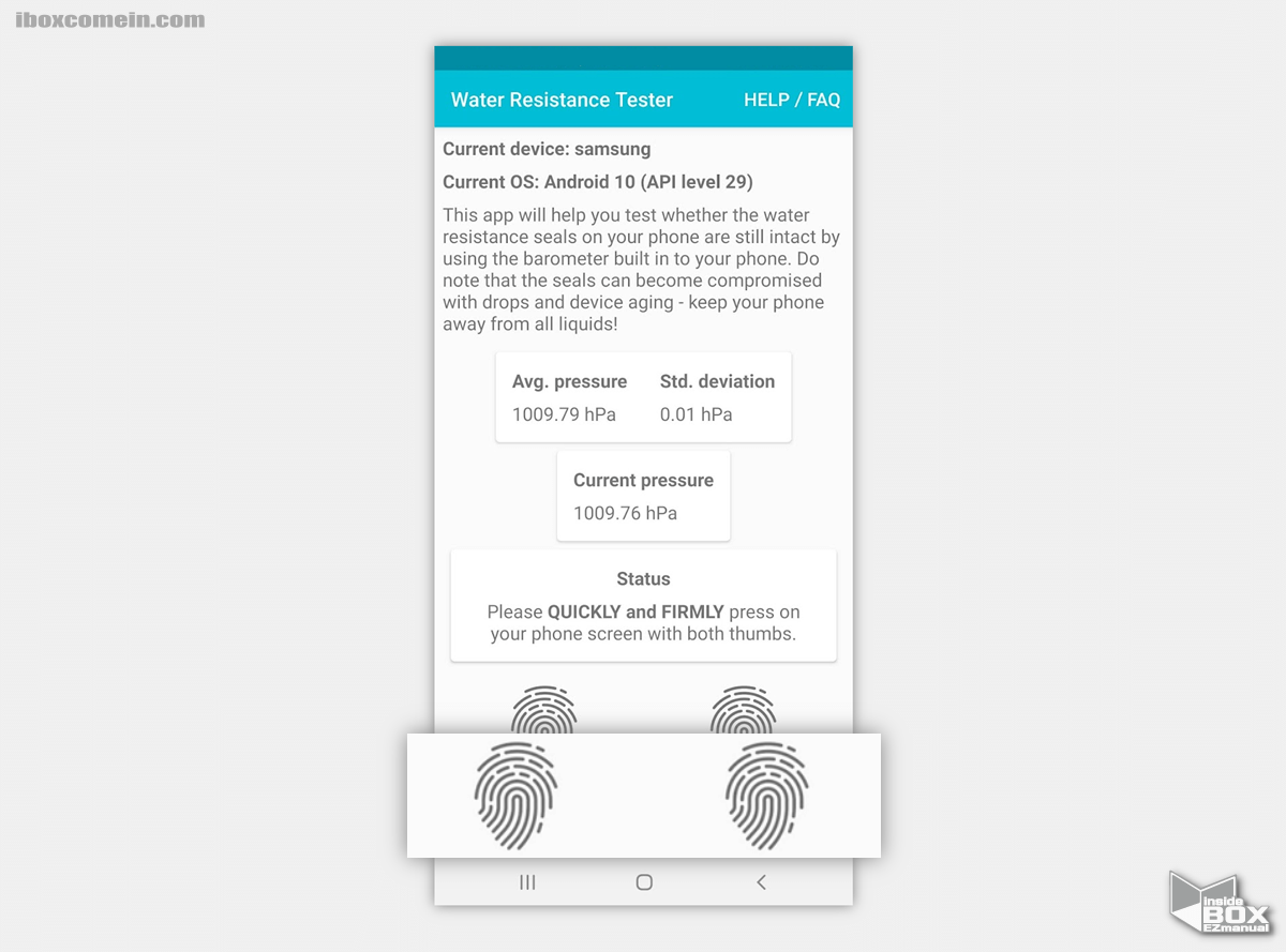 Water Resistance Tester 앱 실행 후 지문 표시된 부분을 눌러주면 측정 됨 Water_Resistance_Tester_앱_실행_후_지문_표시된_부분을_눌러주면_측정_됨