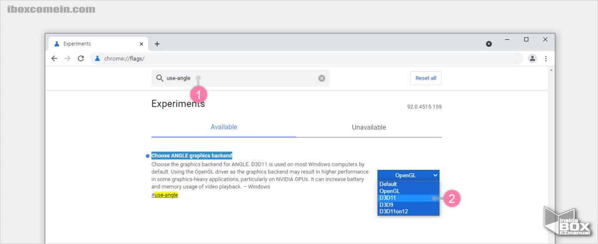윈도우_크롬_flags_접속_후_Choose_ANGLE_graphics_backend_설정_변경_하기