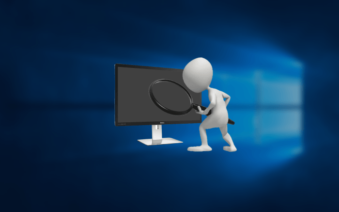 windows 10 배경 화면 과 모니터에 돋보기를 든 캐릭터