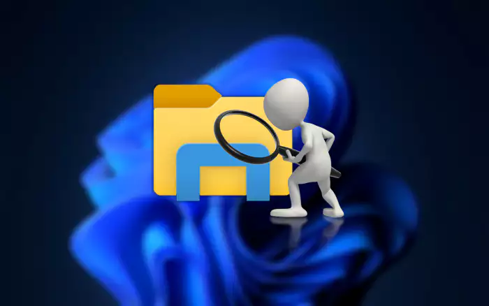 Windows 바탕화면위 파일 탐색기 아이콘 과 돋보기 들고 있는 흰색 캐릭터