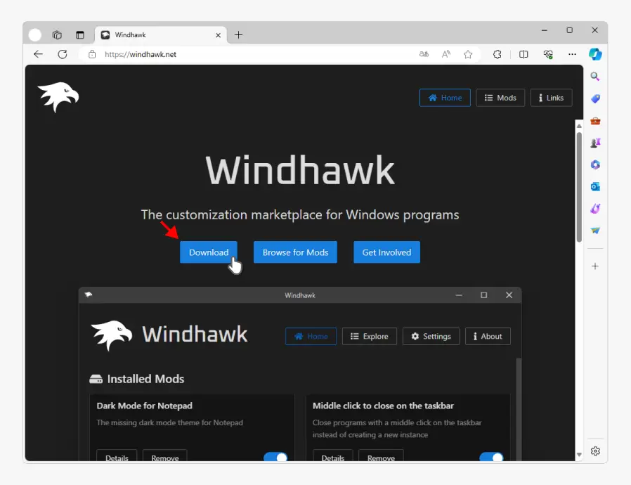 Windhawk-홈페이지-메인-화면-다운로드-버튼-클릭